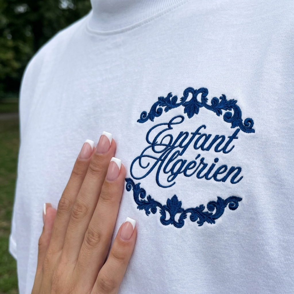 "ENFANT ALGÉRIEN" Brodé bleu sur blanc