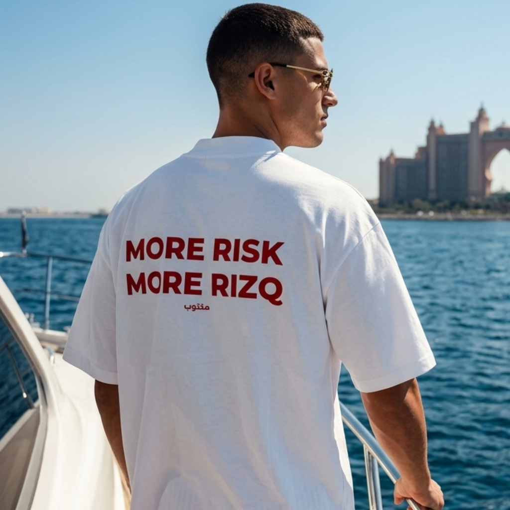 "MORE RISK MORE RIZQ" White
